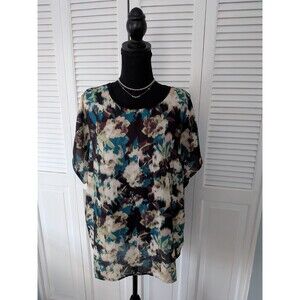 Rafaella Top Women's 1X Teal Floral Front Short Sleeve Round Neck Knit Chiffon